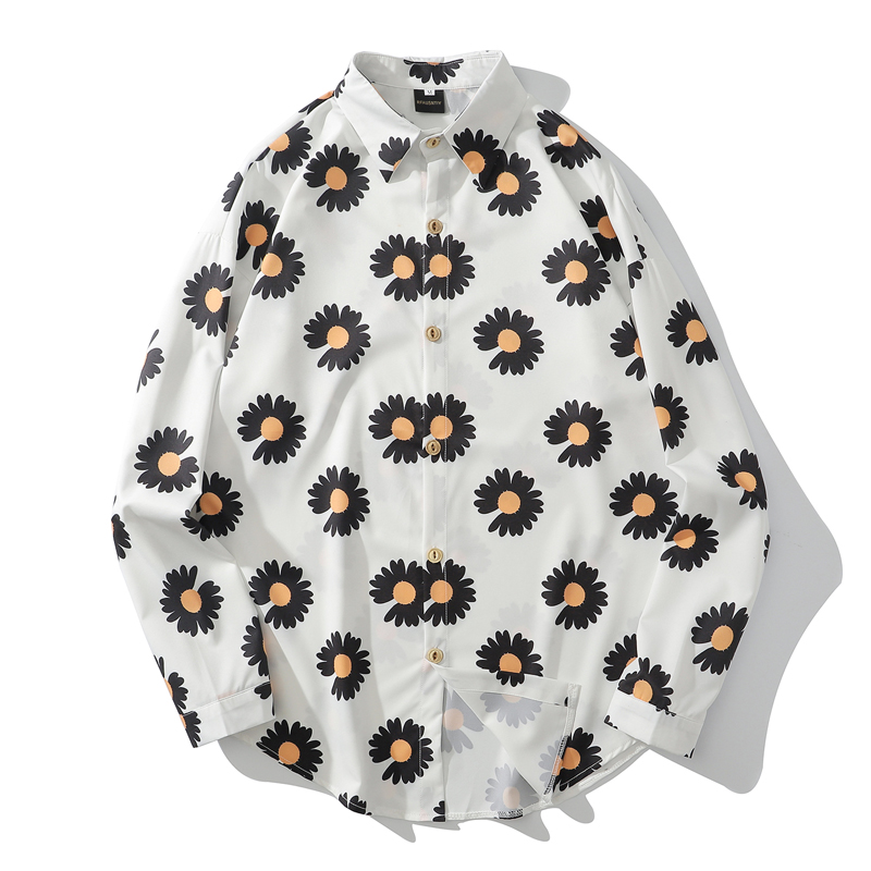 

5Color Daisy Full Print Hip Hop Shirts Summer Beach Long Sleeve Hawaii Vacation Shirts Casual Harajuku Aloha Shirt Retro Men Top, Black