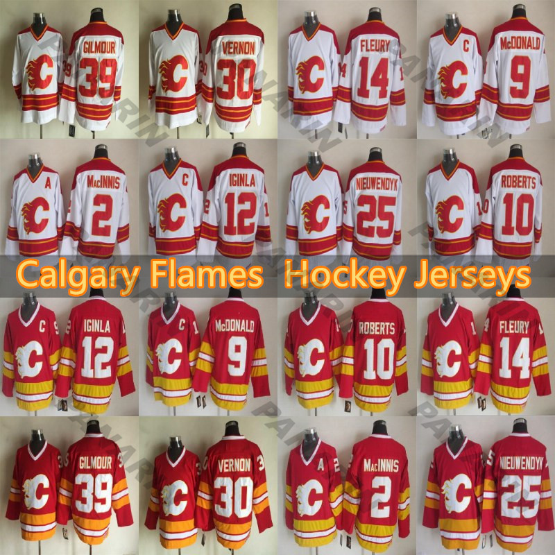

Calgary Flames Vintage version jerseys 12 IGINLA 9 MCDONALD 39 GILMOUR 14 FLEURY 25 NIEUWENDYK 30 VERNON 10 ROBERTS CCM Hockey jersey, Black;red