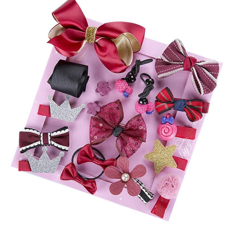 

18 PCS New Kids Children Accessories Hairpins Barrettes Baby Fabric Bow Flower Headwear Hair clips Girls Headdress, Red