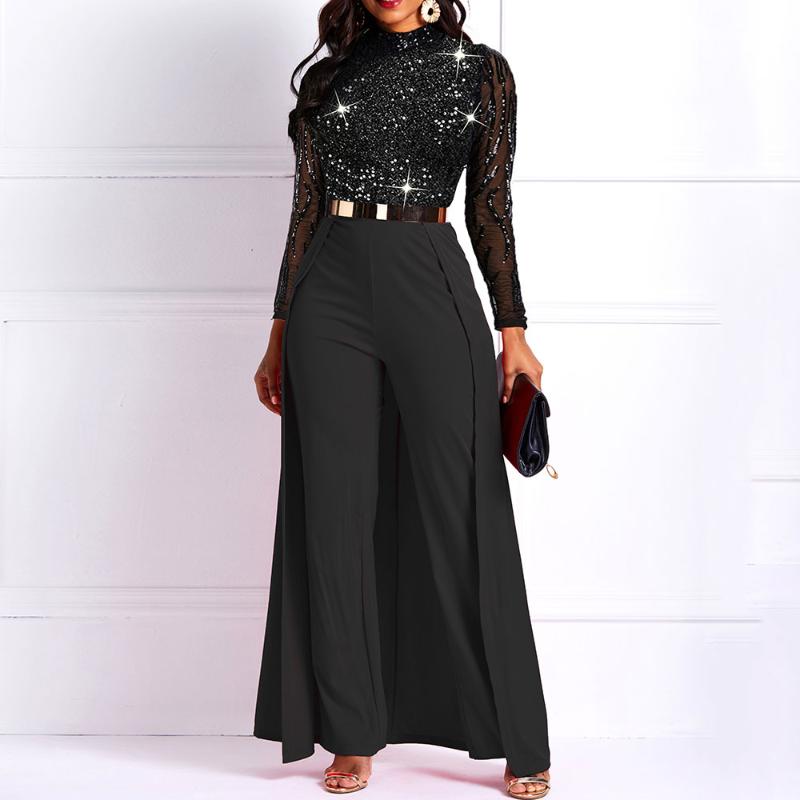 

Sequins Sexy Jumpsuit Women Long Sleeve Mesh Lace See Through Party Jumpsuits Elegant Club Fashion African Ladies Black Rompers