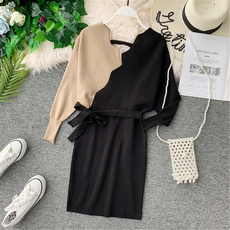 

Women Dress Autumn Spring New Cross Sexy Bow V-neck Korean Style Vestidos Long-sleeved Slim Bag Hip Knit Dresses Female LS235, Gray