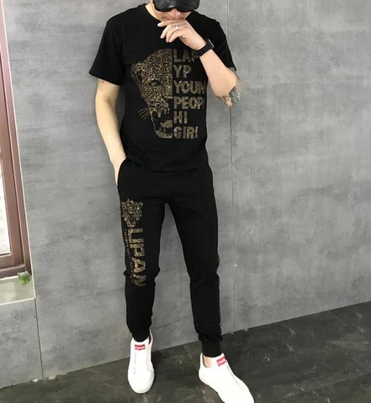 

Sets Tracksuit Men Hot drill Hooded Sweatshirt Rhinestones Outfit Sportswear 2020 Male Suit Two Piece Set Casual, Black
