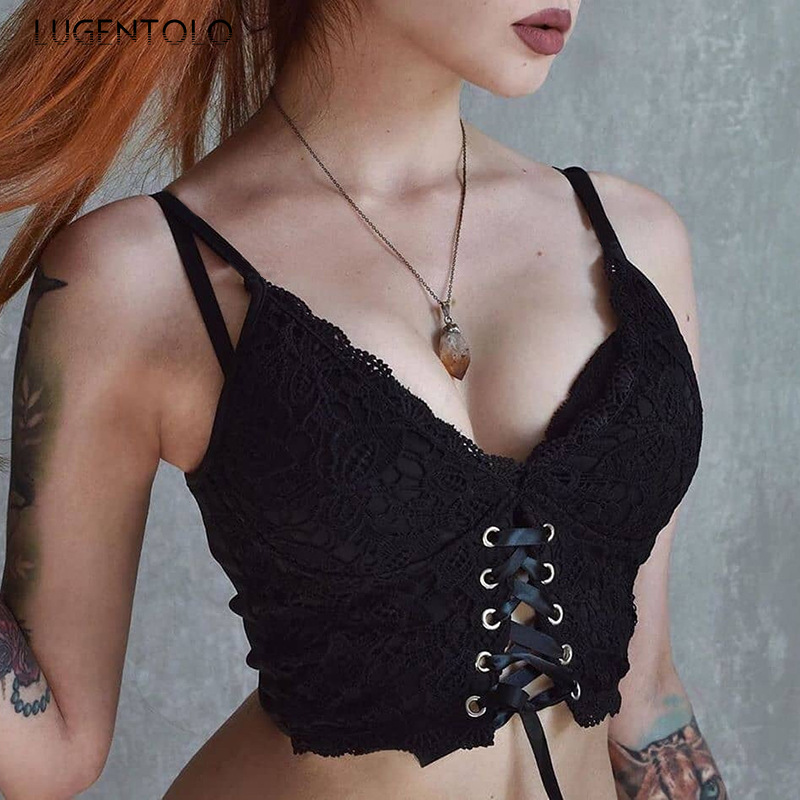

Lugentolo Crop Top Women Gothic Black Sexy Slim Fashion Open Back Straps Short Square Collar Polyester Womens Clothing