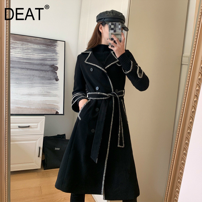 

DEAT 2020 New Spring Suit Collar Belt Double Breasted Mid-length Trench Coat Women Streetwear Loose Warm Wild Tweed Coat PD615, Black
