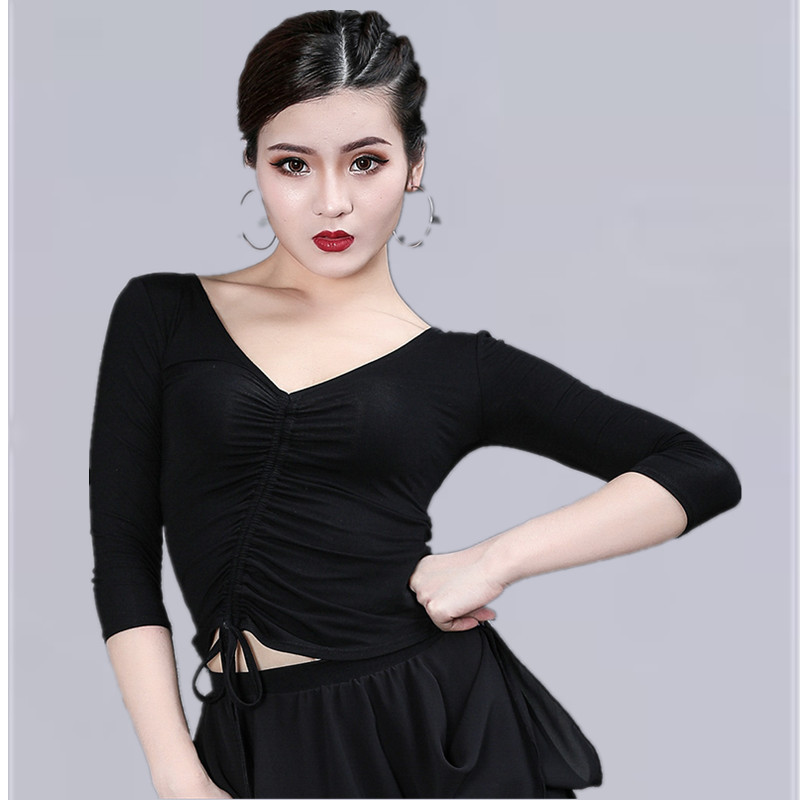 

Latin Dance Practice Shirt Female Adult Sexy Rumba Cha-cha Samba Cotton Tops For Women'S Ballroom Professional National Dance, Black