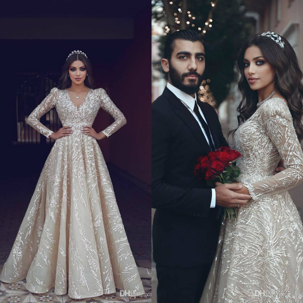 

Vintage A Line Wedding Dresses V Neck Long Sleeves Lace Bridal Gowns With Sequined Sweep Train Plus Size Beach Wedding Dress, Gold