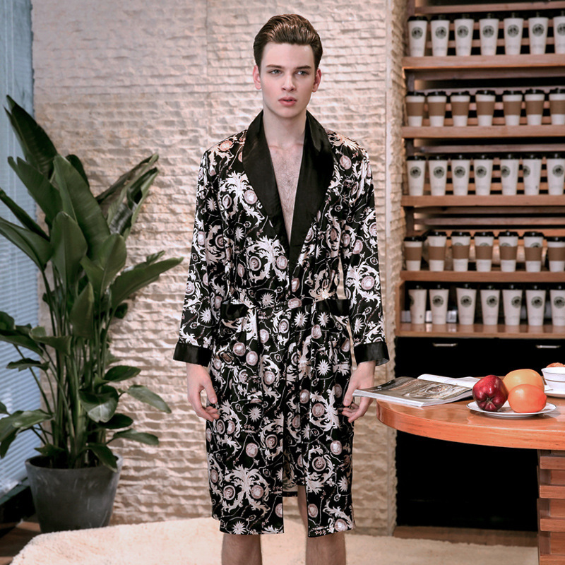 

Cross-border supply yao d. new single silk robe leisurewear wholesale WP777 men long sleeve spring silk, Black