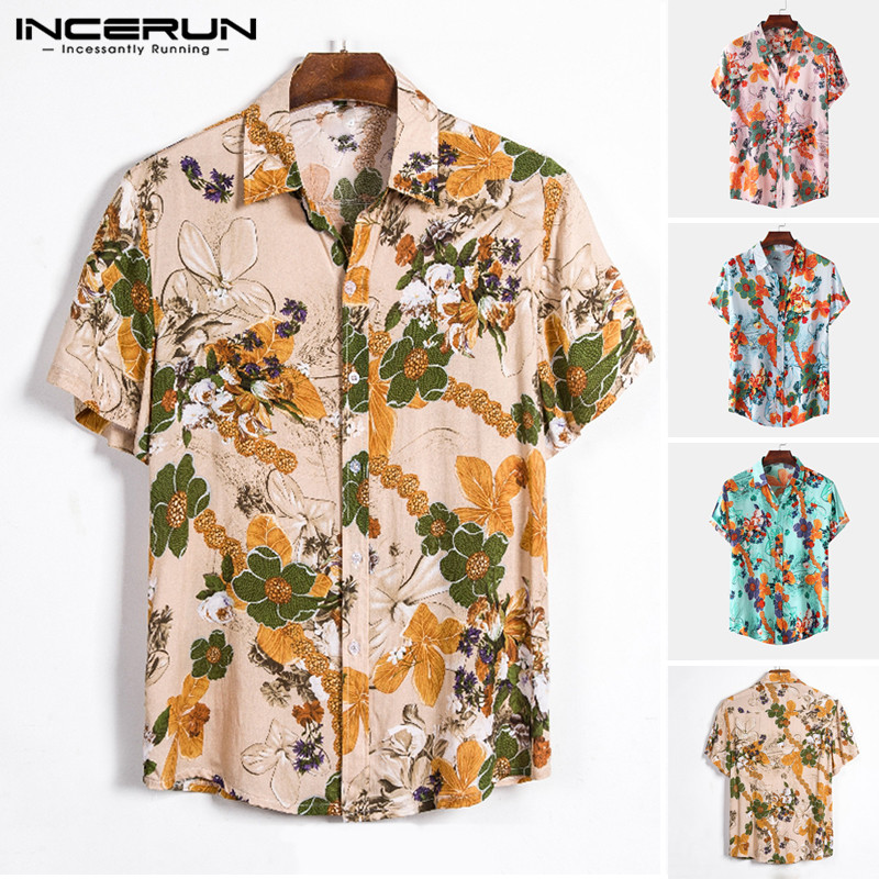 

2020 Men Cotton Hawaiian Shirt Short Sleeve Floral Printed Lapel Summer Breathable Beach Shirts Streetwear Casual Blouse INCERUN, Yellow shirt