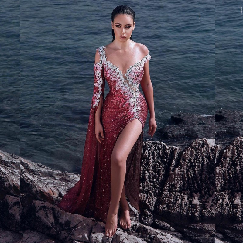 

Arabic Sexy Evening Dresses 2020 One Shoulder Thigh High Slits Prom Gown Lace Appliques Special Occasion Party Dress, White