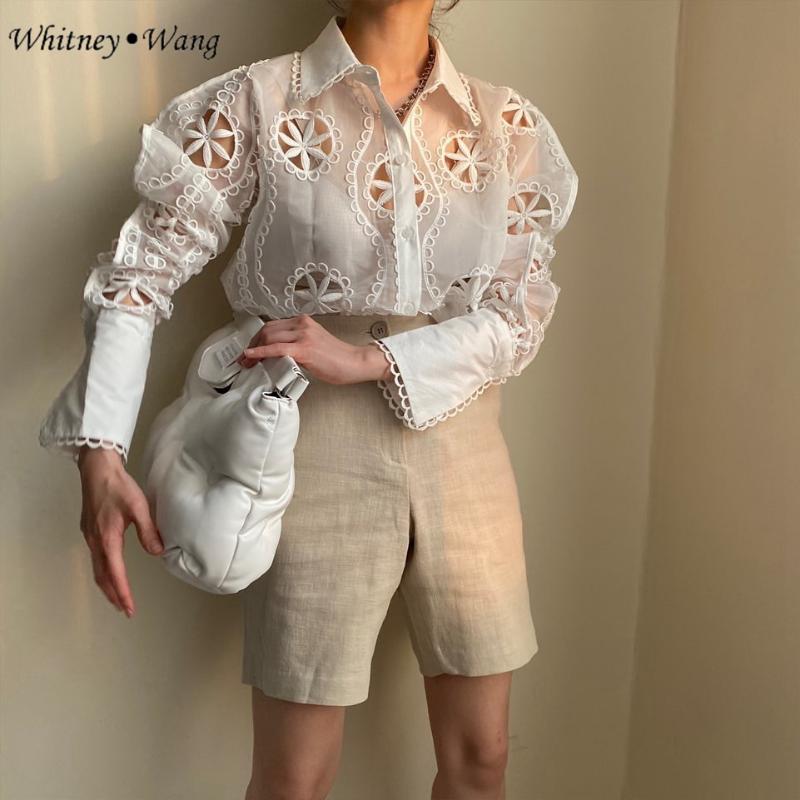 

WHITNEY WANG Blouses 2020 Autumn Fashion Streetwear Hollow Out Florals Blouse Women Blusas Lady Office Lady Shirt Top, White