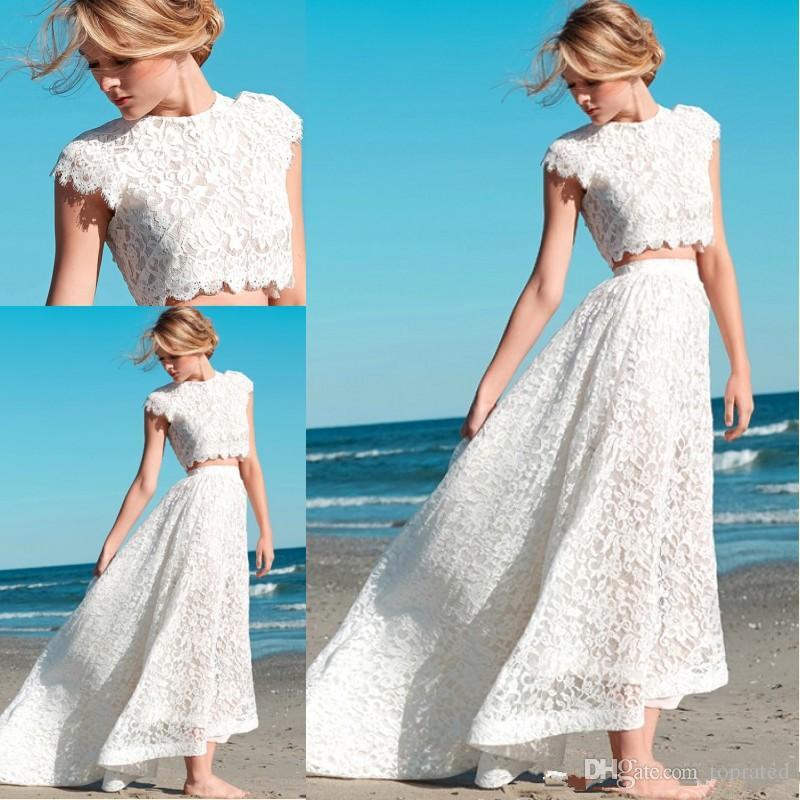 

Sexy Two-Pieces Bohemian Wedding Dresses Lace Crop Top Vintage High Low Boho Beach Bridal Gown Custom Made Plus Size Wedding Party Gown, White