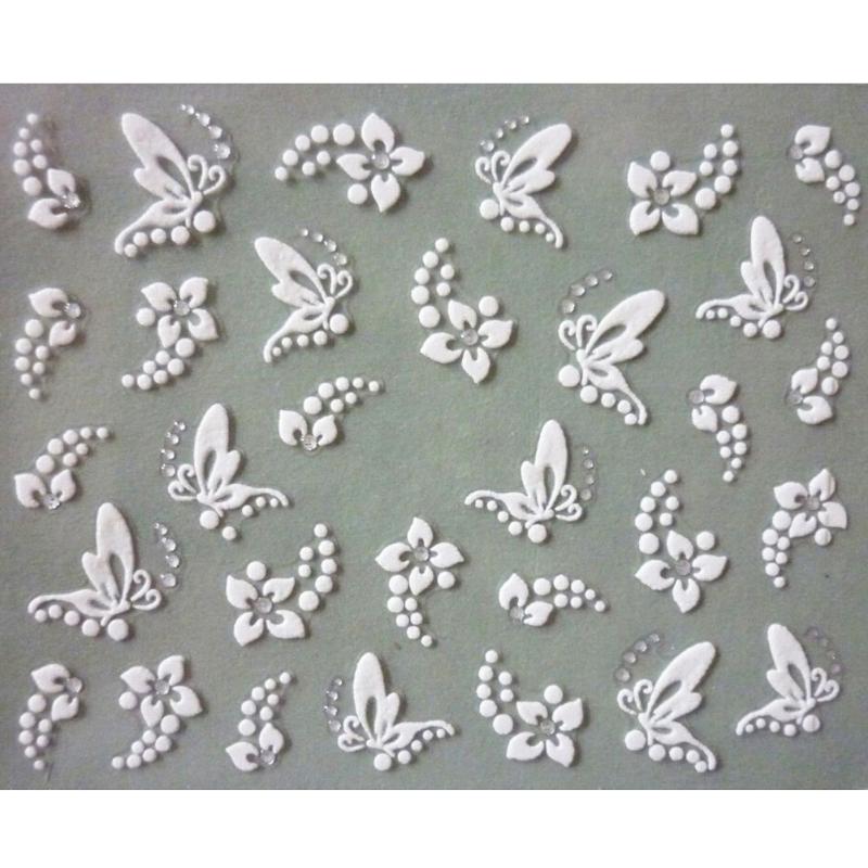 

1/5 Sheets 3D Nail Sticker Transparent Bottom White Flower Leaf Butterfly Series Nail Sticker Decoration, 1sheet