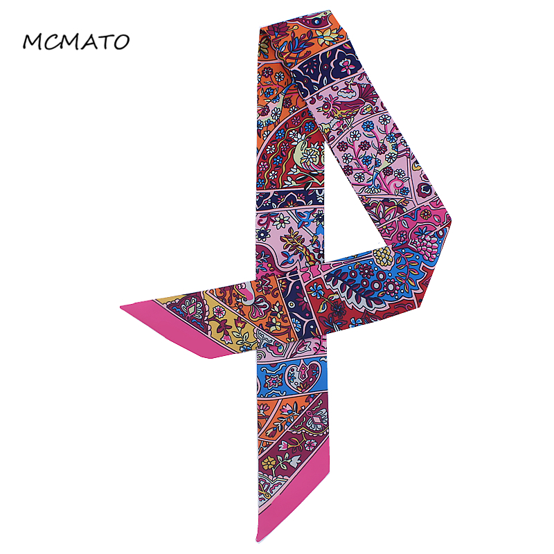 

New Design Silk Ribbon Small Floral Print Women Silk Scarf Handle Bag Ribbons Female Headband Long Scarves & Wraps