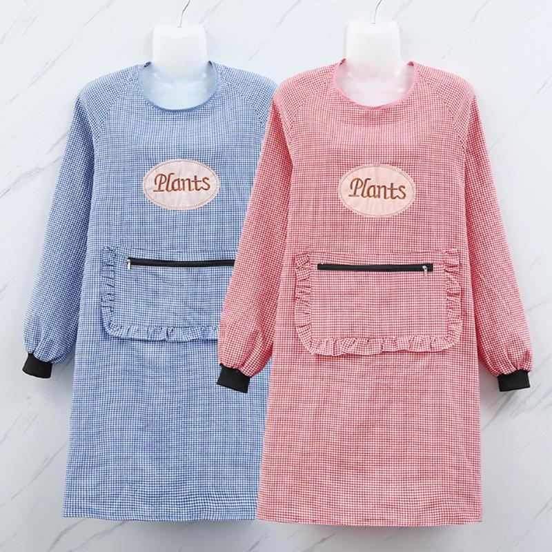 

Women Long Sleeve Oil Proof Cotton Home Kitchen Cooking Clean Apron Pocket Smock House Supplies
