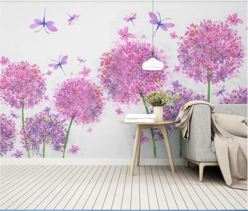 

3D wall covering custom mural wallpaper Modern pink hydrangea leaves butterfly dragonfly TV background wall sticker home decor wall papers, Black