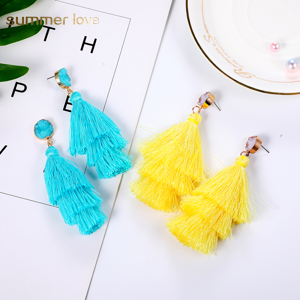 

New Arrival Polyester Filament Tassel Dangle Earring for Women 11 Color Crystal Narural Stone Bohemian Long Earring Fashion Jewelry