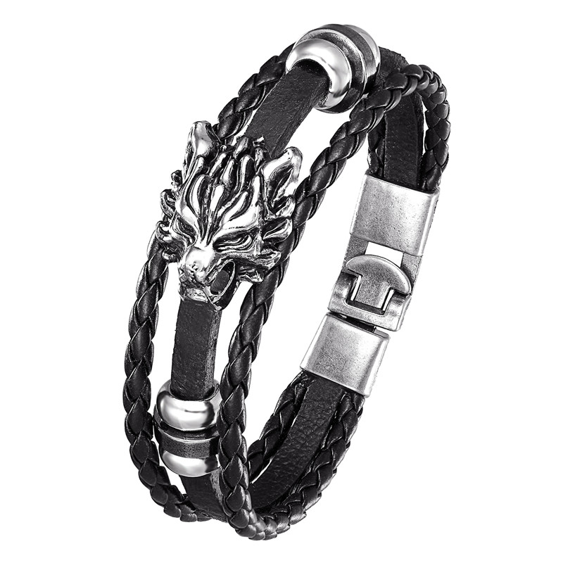 

2020 Fashion Vintage Leather Bracelet Men's Wolf Head Multilayer Woven Woman Pulseira Masculina