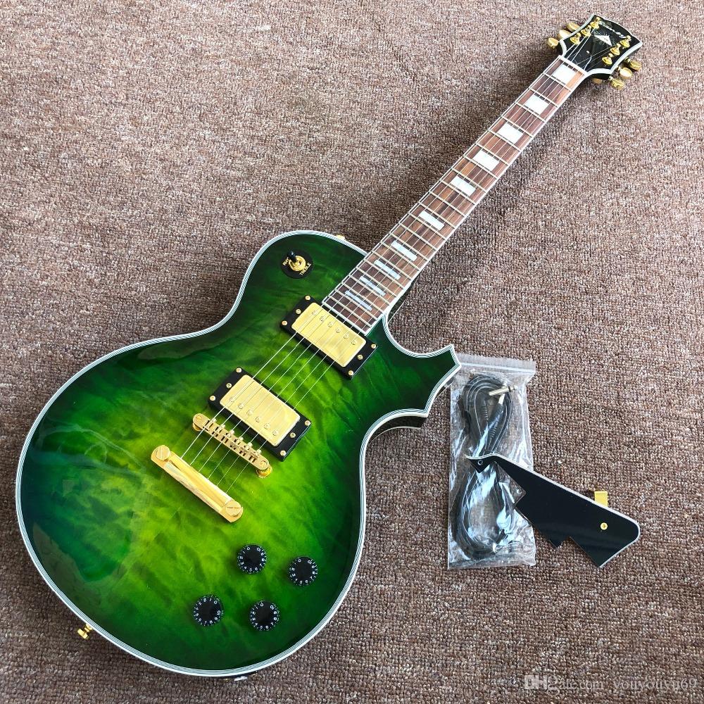 Factory personnalisée en gros meilleur prix, nouvelle guitare électrique 6 à 6 cordes, flamme personnalisée Beige Top Guitare de couleur vert, To