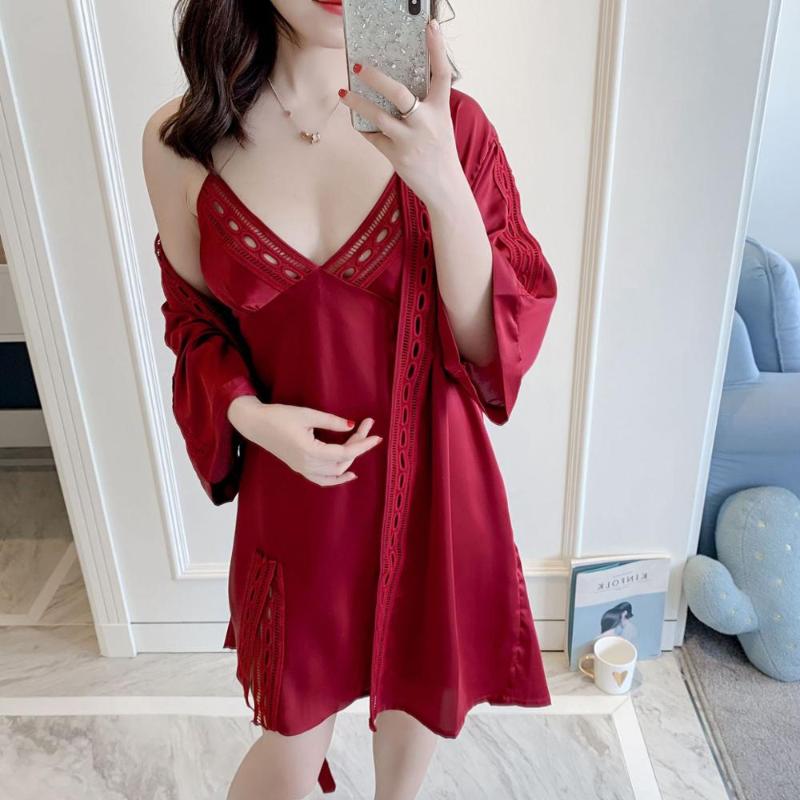 

Spring Summer Silk Women's Dress + Bathrobe Two Pieces Sleep Set Luxury Sexy Female Sleepwear Silk Night Dress Robe