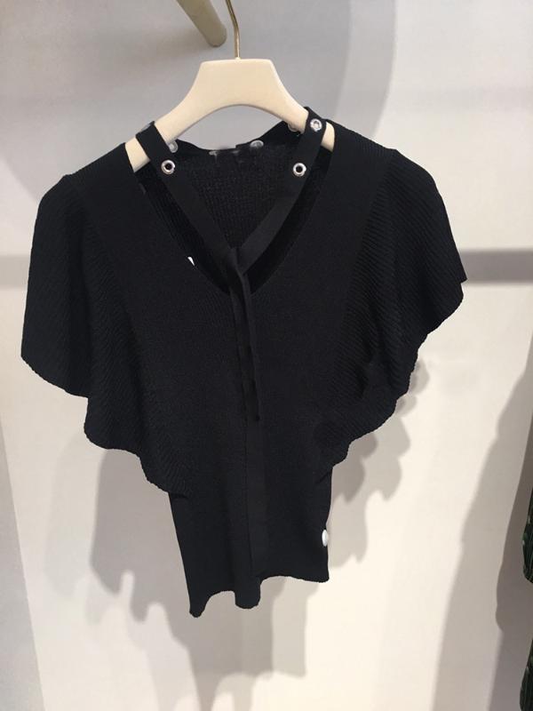 

18 Lady V Collar Lace Bat Sleeve Folds Knitting Shirt Sweater 81056, Black