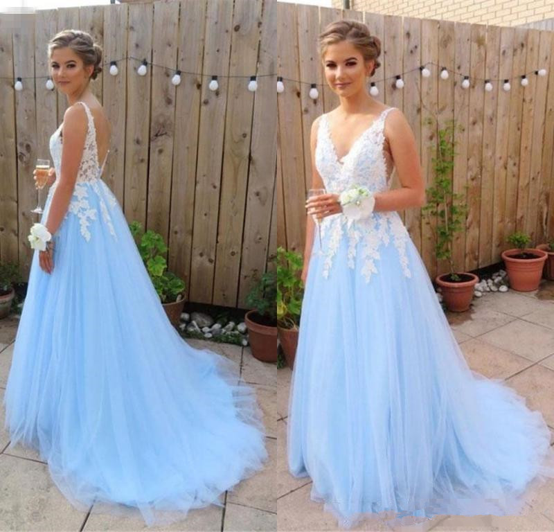 

Light Sky Tulle Prom Dresses A Line Ivory Lace Applique Straps Open Back Formal Evening Gowns Long Cocktail Special Party Dresses B87, Light sky blue