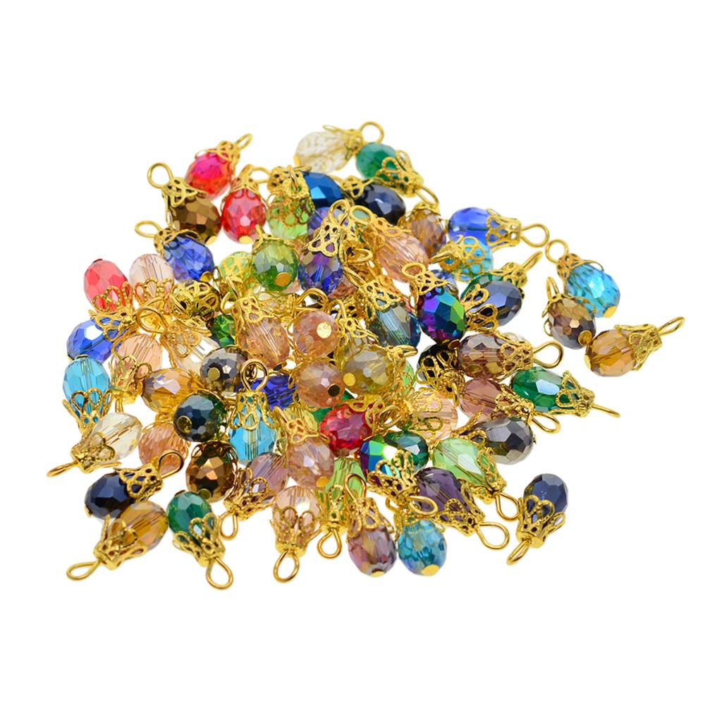 

50pcs crystal drop glass dangle charms colors glass pendants with flower beads caps for jewellery making, Black