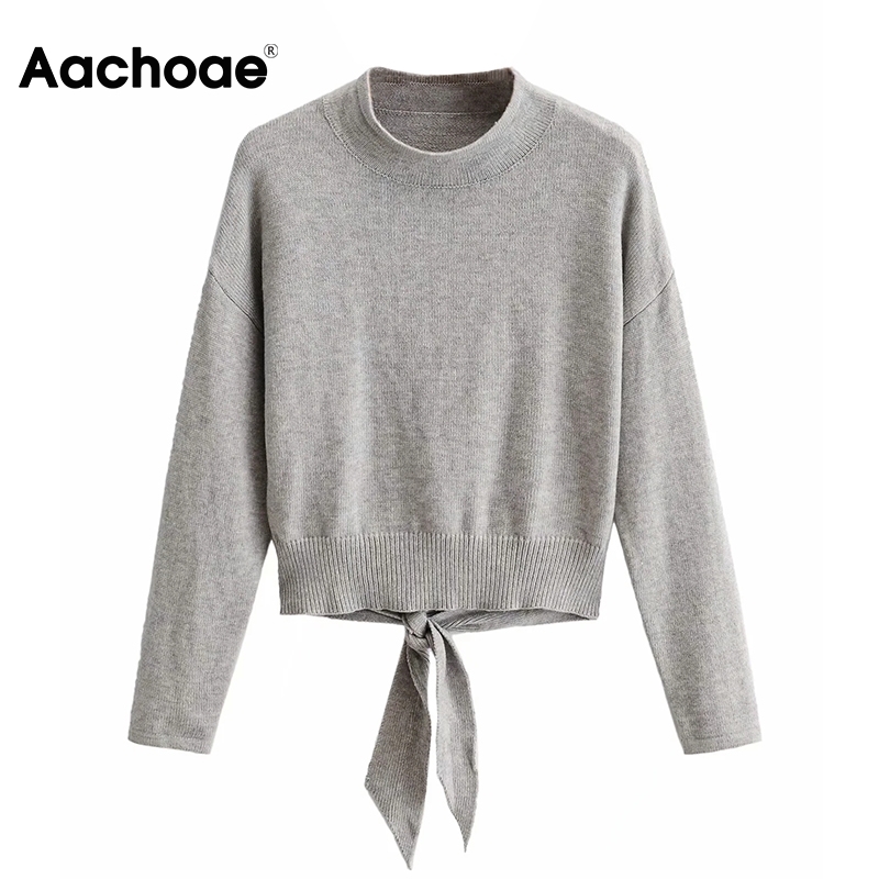 

Aachoae Women Casual O Neck Gray Sweater 2020 Fashion Back Hollow Out Tie Up Top Batwing Long Sleeve Pullover Ladies Jumpers