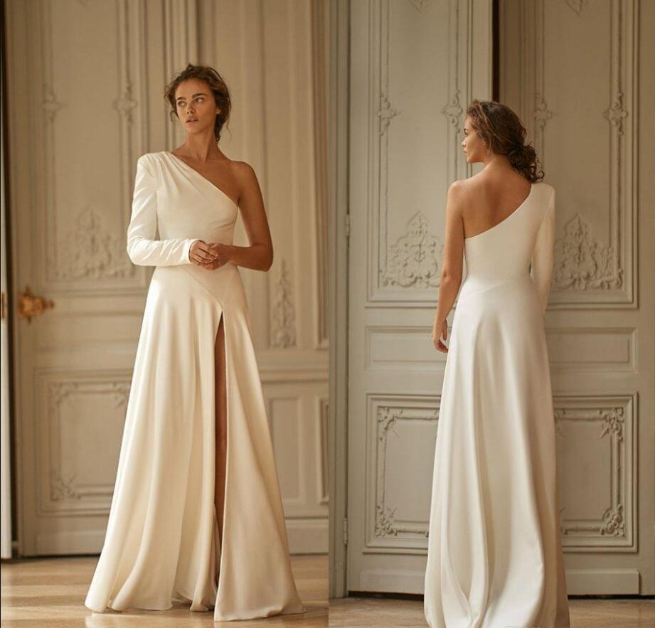 

2020 New high side Split Evening Dresses Simple One Shoulder Long Sleeve A Line Satin Evening Gowns Vestido De Novia Arabic Prom Dress, Pink