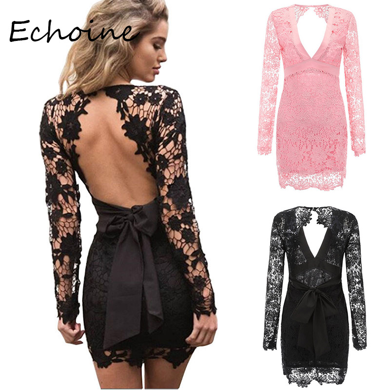 

Sexy Lace Dress Backless Shiny bodycon Tie Dresses Woman Party Night Long Sleeve Vestidos Vintage 2020 Spring New Arrival, Black