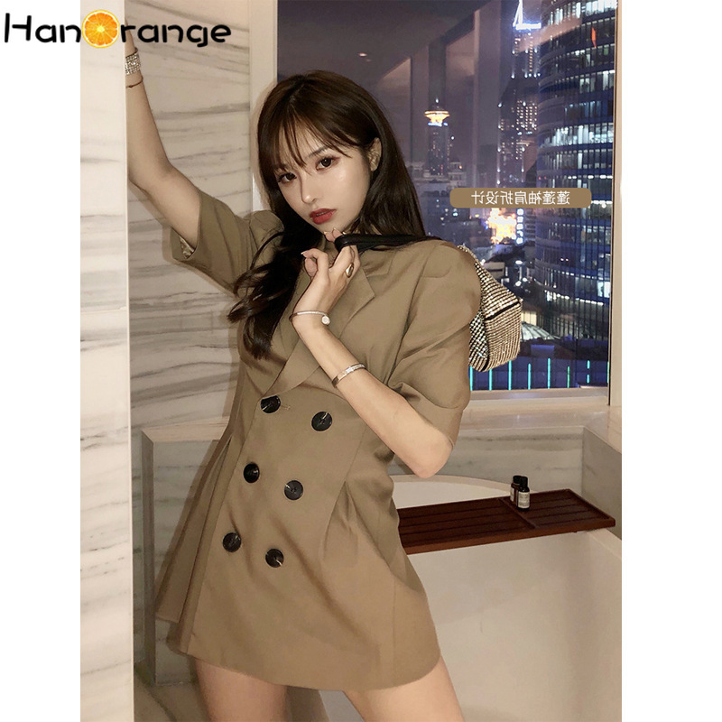 

Casual Women Double Breasted Short Sleeve Suit Jacket Summer 2019 Solid Color Long Blazer, Khaki