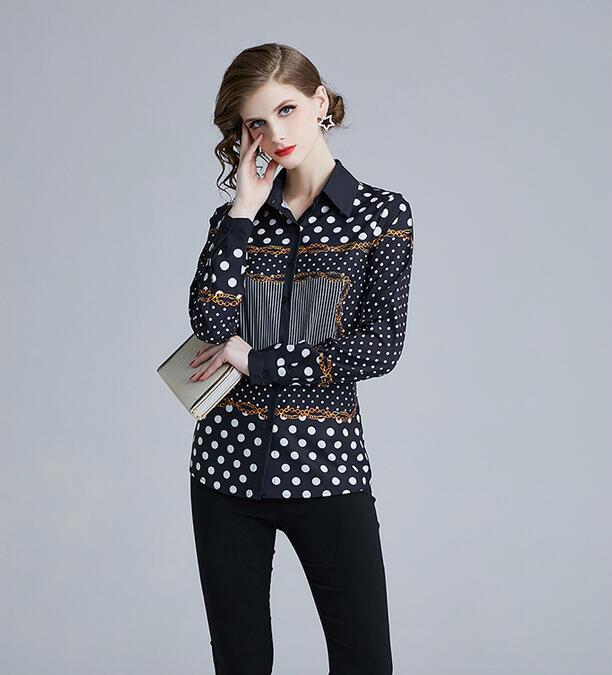 

Black OL style shirts spring summer ladies blouses women shirts Polka Dot Print Button Detail Long Sleeve blouses lapel neck