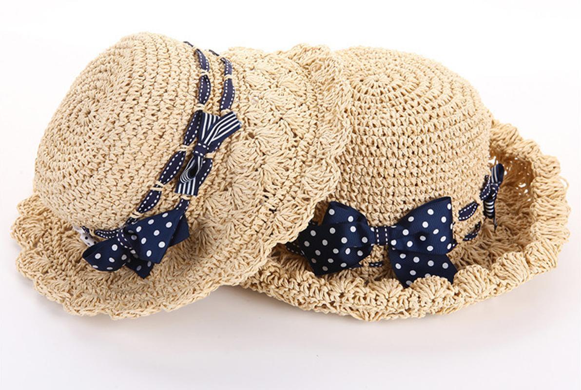 

TOU--Baby Girls Bow Hollow out straw Sun hat Children Summer Tourist hat Little Girls Hand woven straw with large brim 1pc, Beige