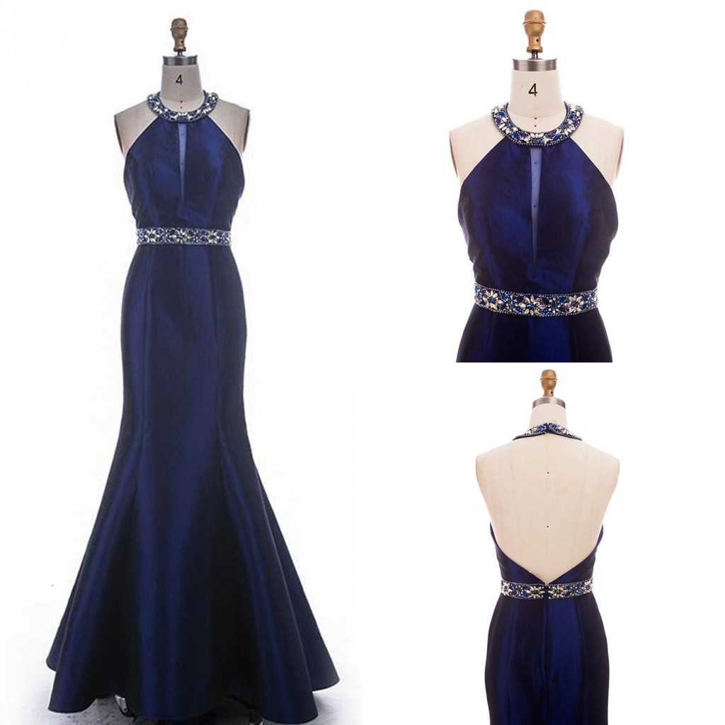 

2020 Navy Blue Halter Mermaid Prom Dresses Vestidos De Fiesta Crystal Neck Waist Line Backless Robes De Doirée Formal Evening Dress Party, Light purple