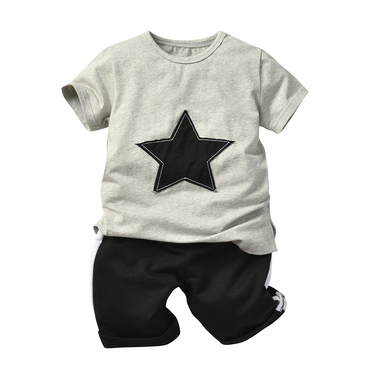 

New children's suits children's clothing boys star patch cotton short-sleeved T-shirt casual shorts suit children's casual T, White