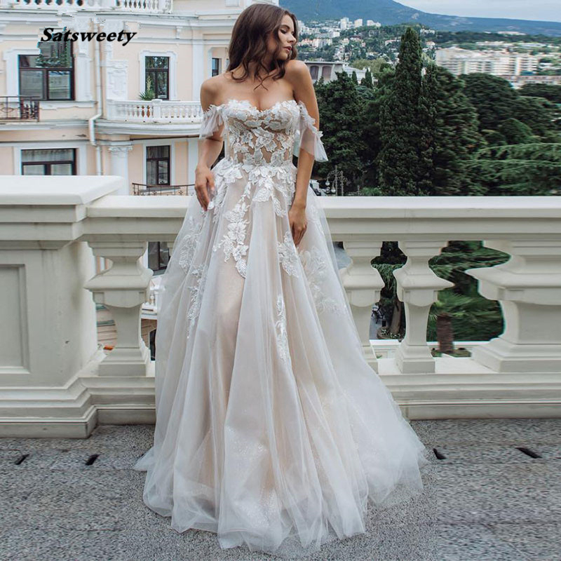 

Boho Wedding Dress Appliques with Tulle Backless A-Line Gowns Off the Shoulder Bridal Dresses vestido de noiva, White