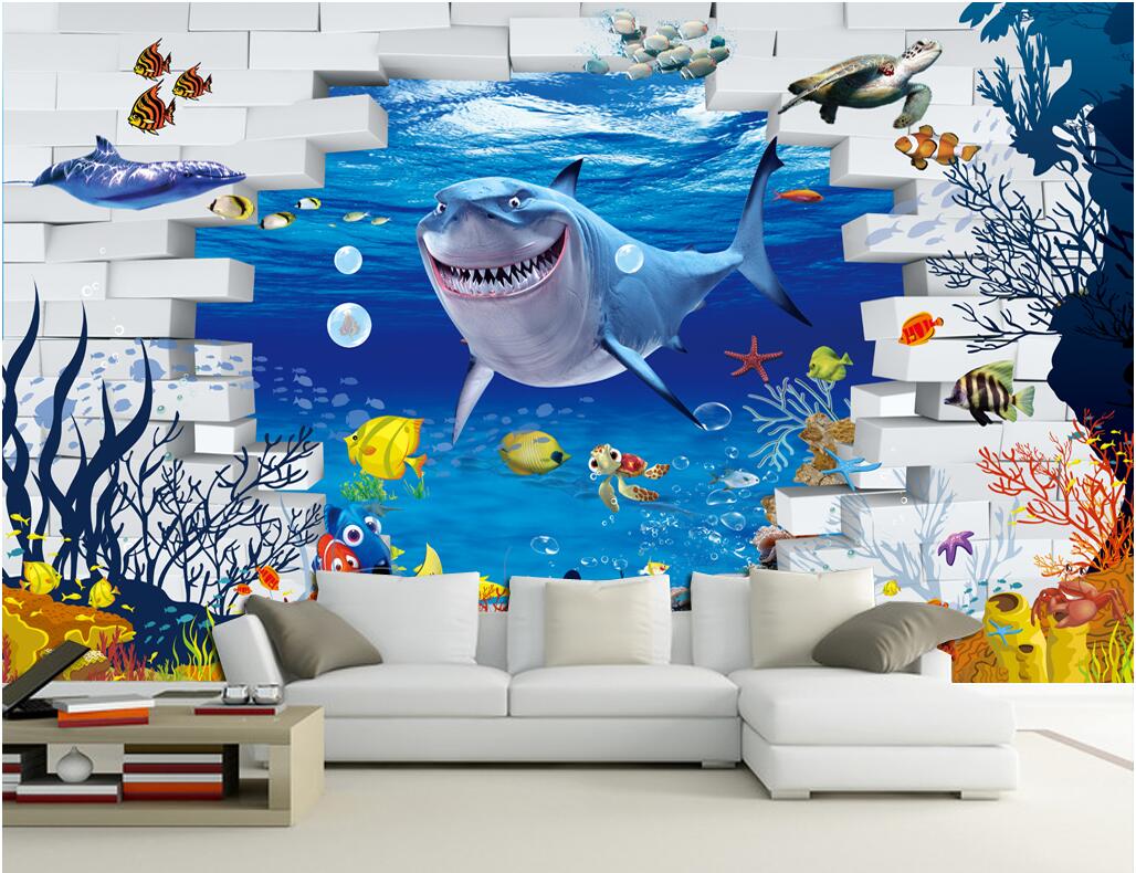 

WDBH 3d wallpaper custom photo mural Marine shark algae brick walls background living room home decor 3d wall muals wall paper for walls 3 d, Non-woven