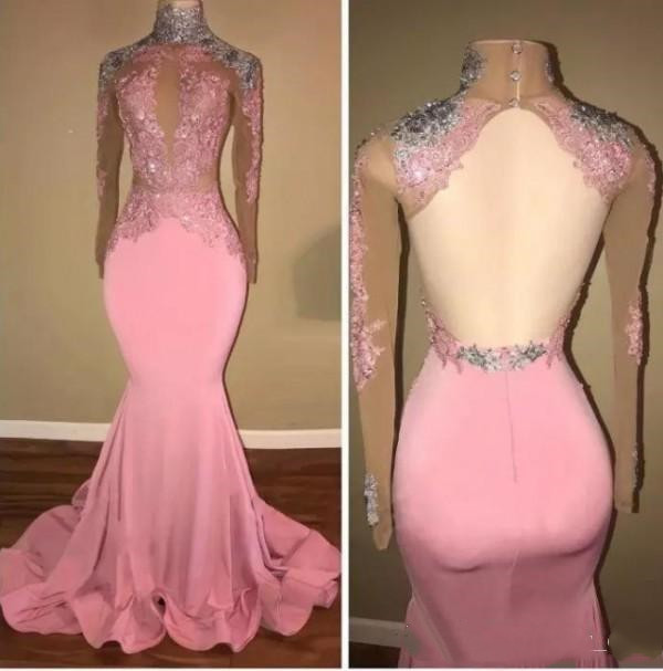 

Sexy High Neck Pink Prom Dresses Mermaid Open Back Satin Long Party Dress Evening Wear Lace Applique Sequined Graduation Gowns, Dark green