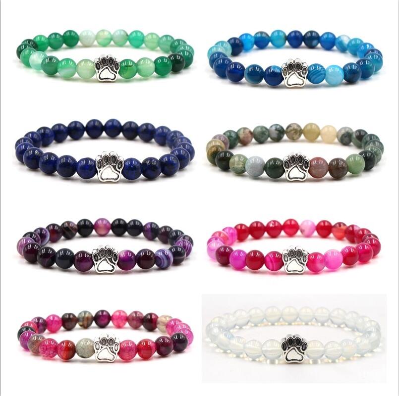 Bracelet à breloques patte de chien empreinte de mode, perles en pierre naturelle d'agate de 8mm, bijoux extensibles pour amoureux des animaux de