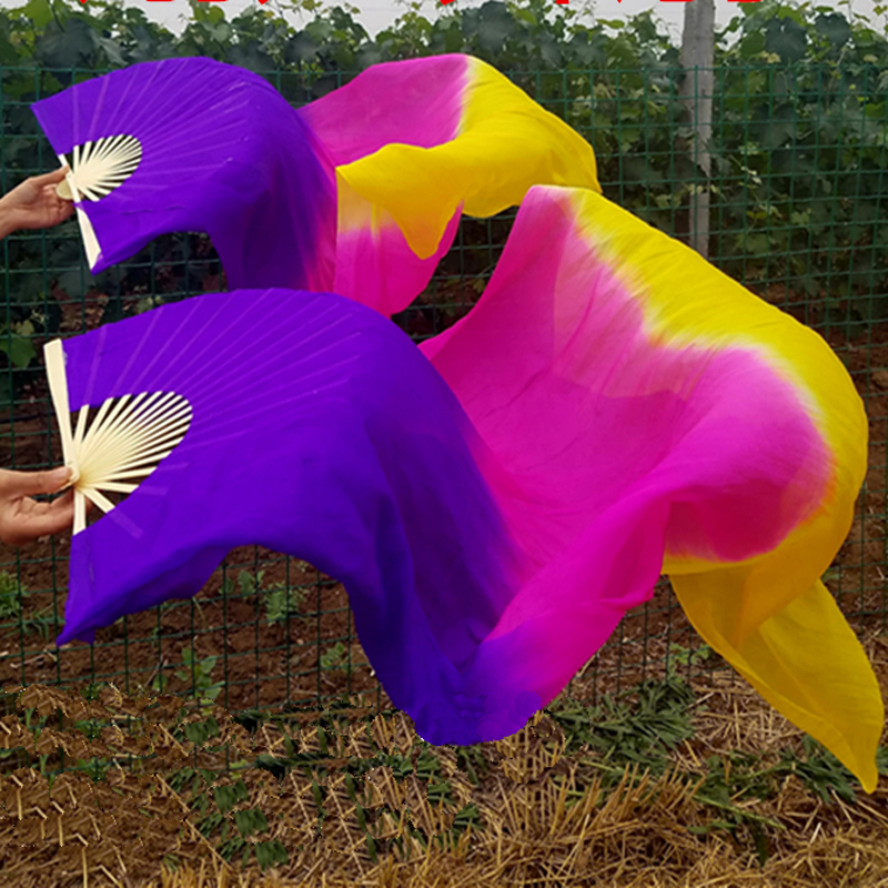 

New dyed 2pcs=1pair bamboo ribs long silk Fans for belly dancing 100% real silk fan veils stage show Props Fans 1.5M/1.8M/2.1M, Color 2