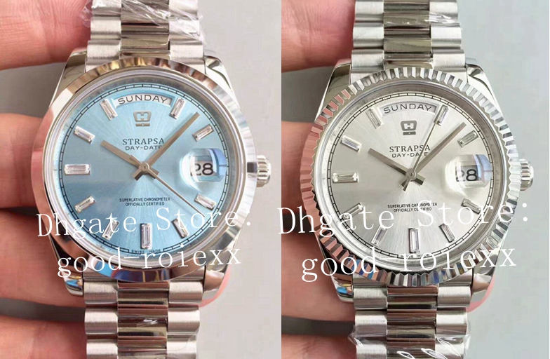 

Watches For Men Watch Light Blue Diamond Dial Silver Mens Automatic Cal.3255 EW Smooth Bezel Day Date 218238 President Eta Wristwatches, Box