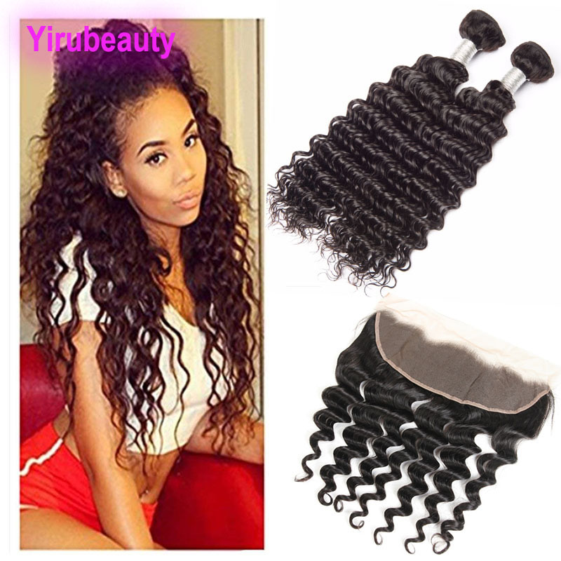 

Malaysian Human Hair Deep Wave 2 Bundles With 13x4 Lace Frontal With Baby Hair Malaysian Human Hair Extensions Weaves With Closure, Natural color