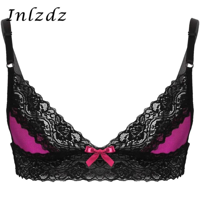 

Mens Erotic Sissy Bra Top Lingerie Adjustable Spaghetti Shoulder Straps Hot Sexy Bra Floral Lace Trim Wire-free Unlined Tops, Pink