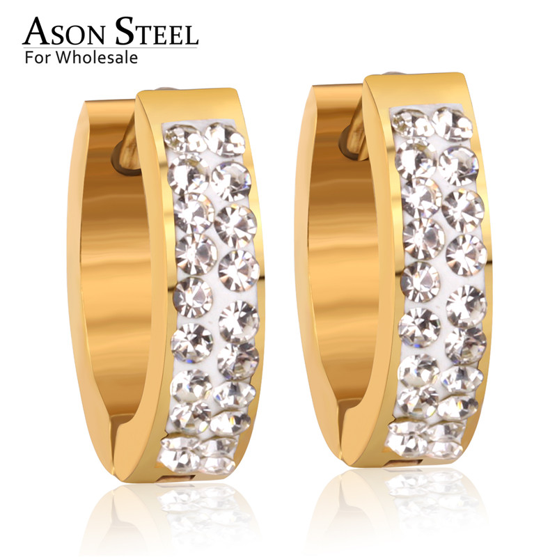 

Hoop & Huggie ASONSTEEL Gold White ClayAAA CZ Korean Jewelry Earrings Statement Earring For Women Silver 316L Stainless Steel Set