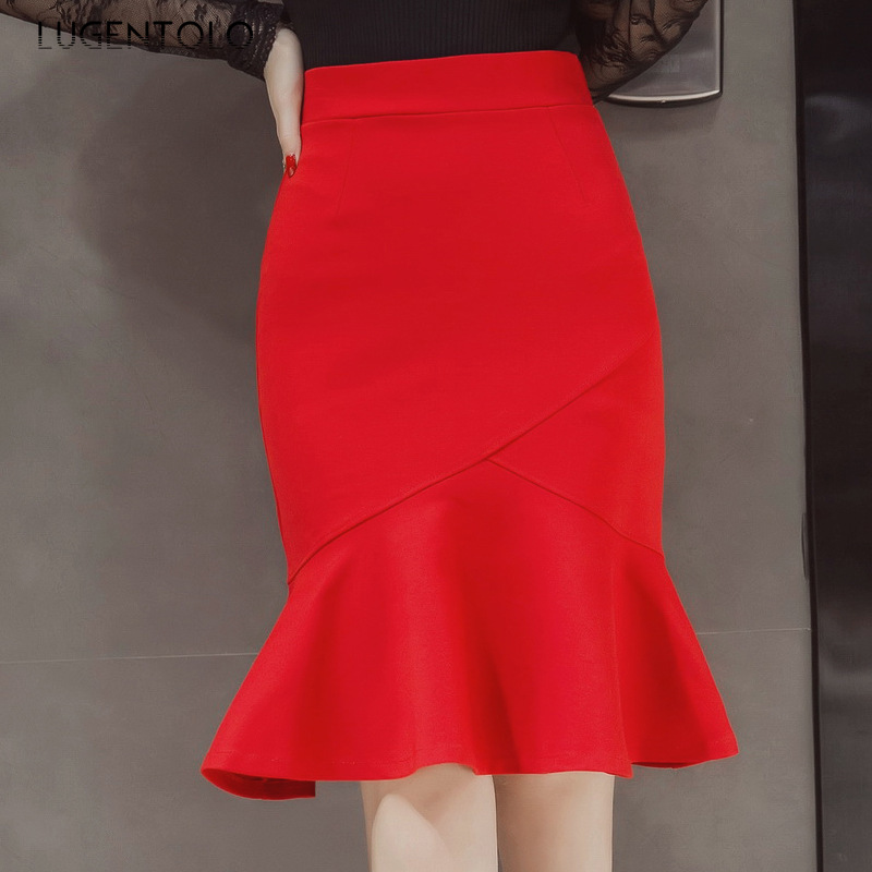 

Lugentolo Women Skirt Slim Fit Spring Summer Lady Dinner Sexy Korean Street Plus Size Casual Solid Ruffles Midi Mermaid Skirts, Black
