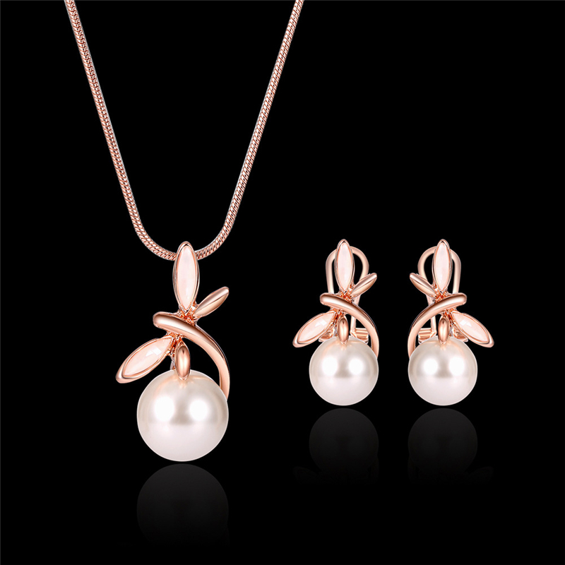

Pearl Necklace Earrings Set for Wedding Party Rose Gold Alloy Jewelry Set Fashion Trend Women Girls Lady Round Pendant Necklace Jewellery, 1set=1pc necklace +1pair earrings
