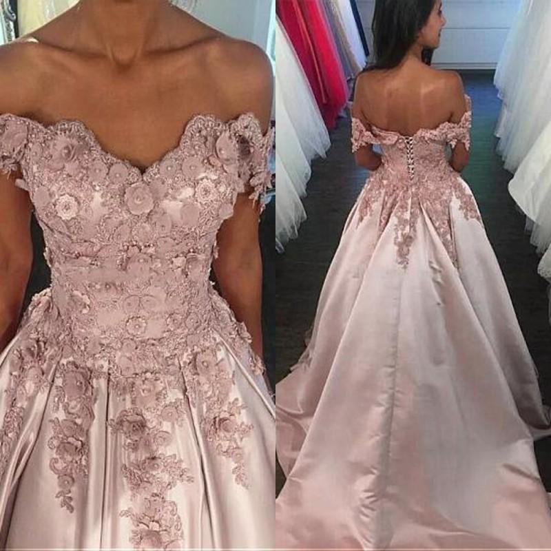 

Dark Pink 2020 Evening Dresses A Line Off Shoulder Appliques Sequins Sweep Train Prom Dress Corset Backless Pageant Arabic Gowns, Coral