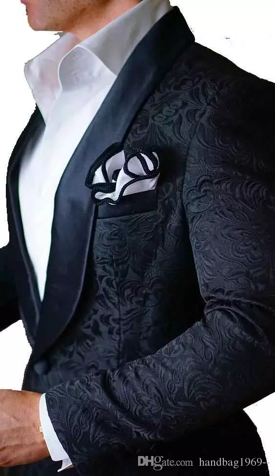

High Quality One Button Black Paisley Groom Tuxedos Groomsmen Shawl Lapel Best Man Blazer Men Wedding Suits (Jacket+Pants+Tie