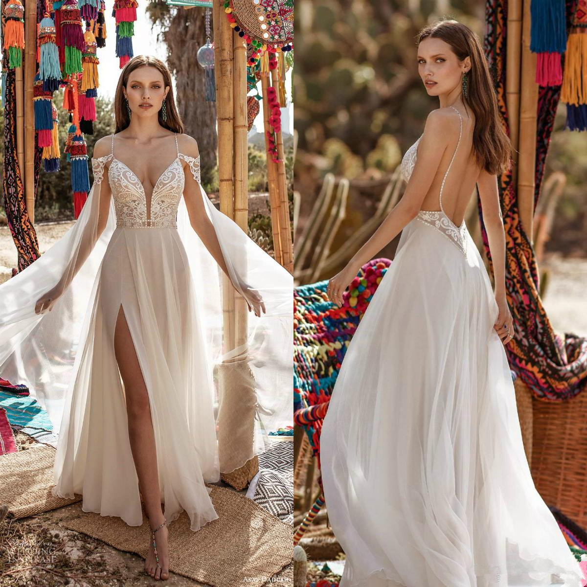 

Asaf Dadush 2020 Split Wedding Dresses With Cape Spaghetti V Neck Lace Appliques Boho Bohemian Beads Wedding Dress Robes De Mariée, Lavender