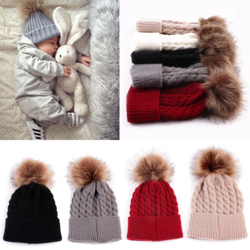 

New Fur Hat For Kids Baby Boys Girls Winter Ball Knit Faux Raccoon Fur Pom Bobble Beanie Hat Winter Ski Cap, White
