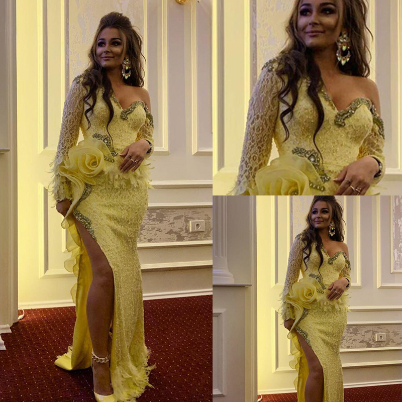 

dresses evening wear Mermaid Prom Dresses One Shoulder Long Sleeves Side Split Floor Lace Long elegant evening formal dresses, Silver